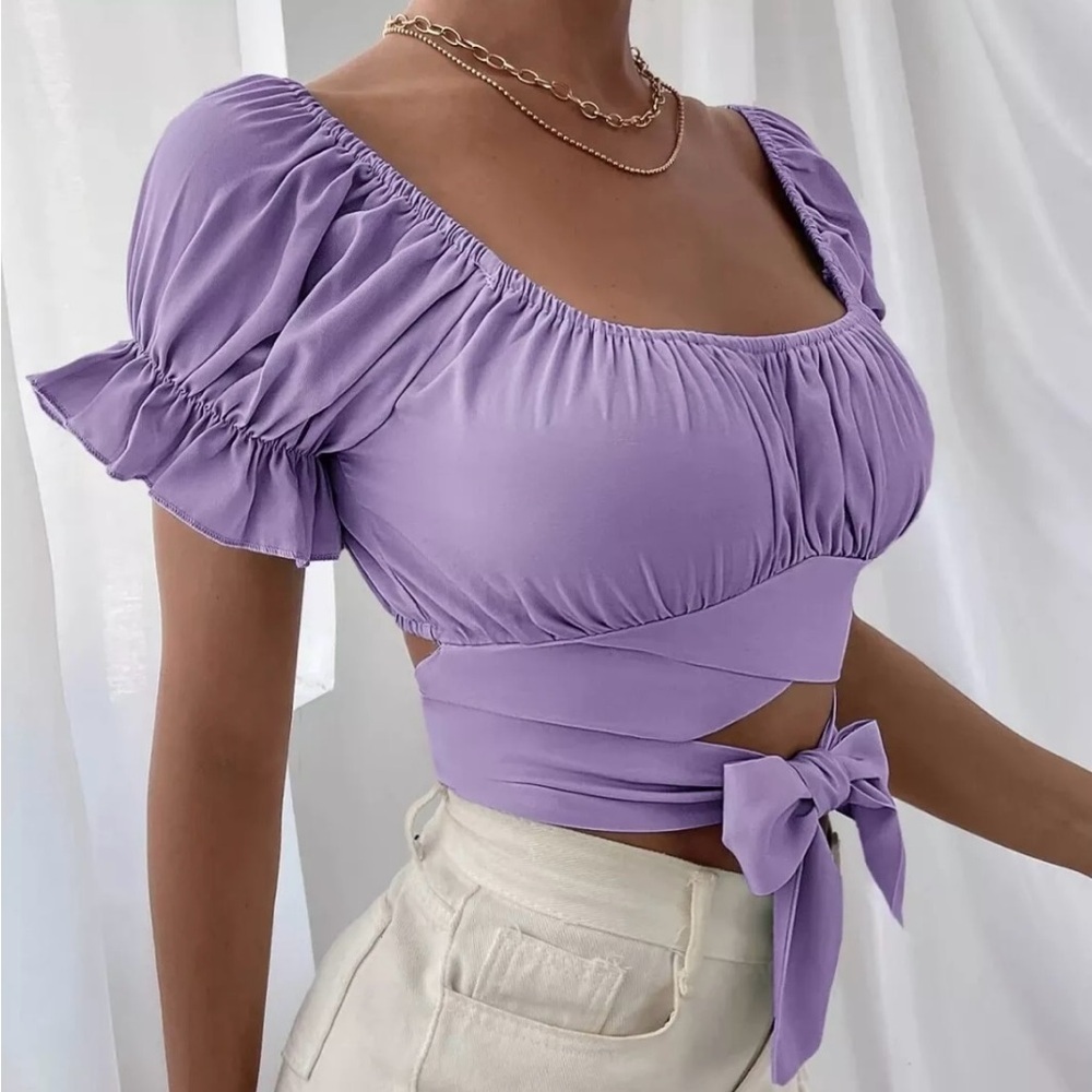 Purple Off Shoulder Wrap
Around Tie Ruched Bust Puff
Sleeve Crop Top Sz S - Picture 5 of 7